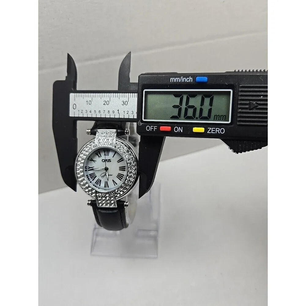 Opus Glamorous Womens Watch MOP 36mm Pave Crystal Black Leather New Battery
